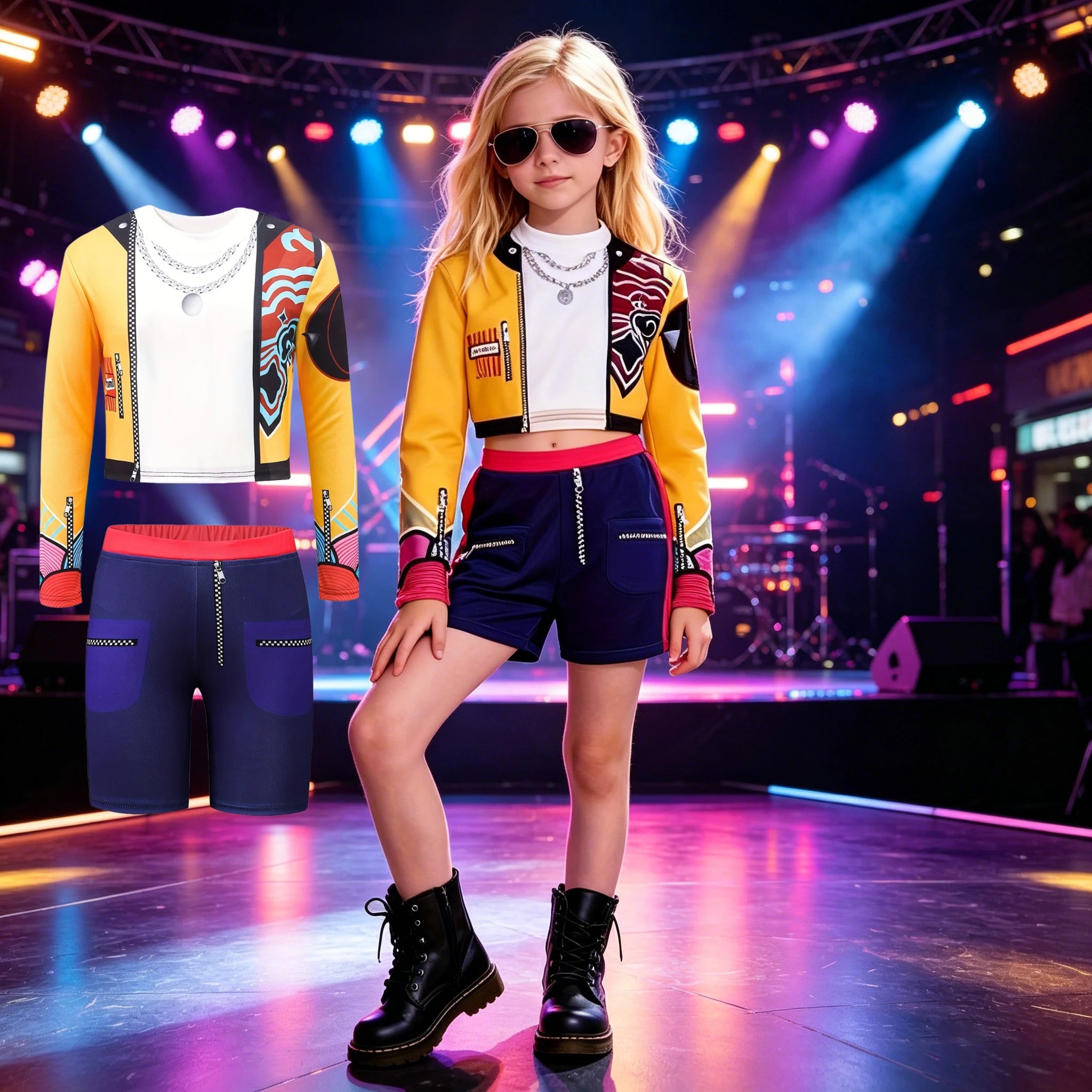 2026 Kids Girl Kpop Stage Performance Costume Hip Hop Outfit Cropped Jacket+Shorts 2PCS/Sets Streetwear Idol Concert Dance Party TechVisio