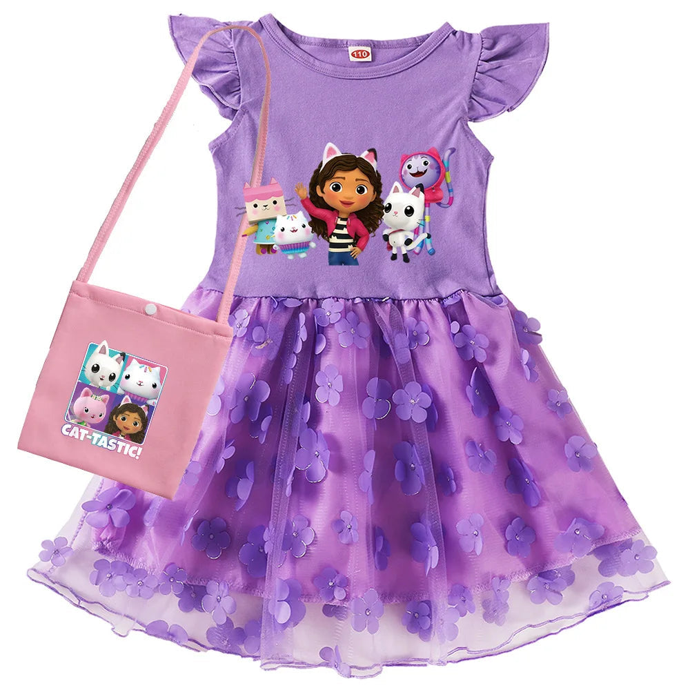 Vestidos Gabbys Dollhouse Costume Kids Cartoon Gabby Chat Dress Baby Girls Summer Short Sleeve Casual Dresses and Bag & Headband TechVisio