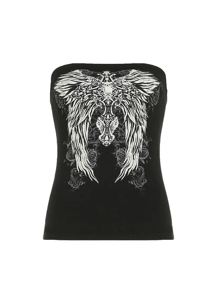 Gothic Print Black Strapless Tube Top Women Skinny Cropped Summer Casual Chic Graphic Tee Y2K Streetwear Basic Vest TechVisio