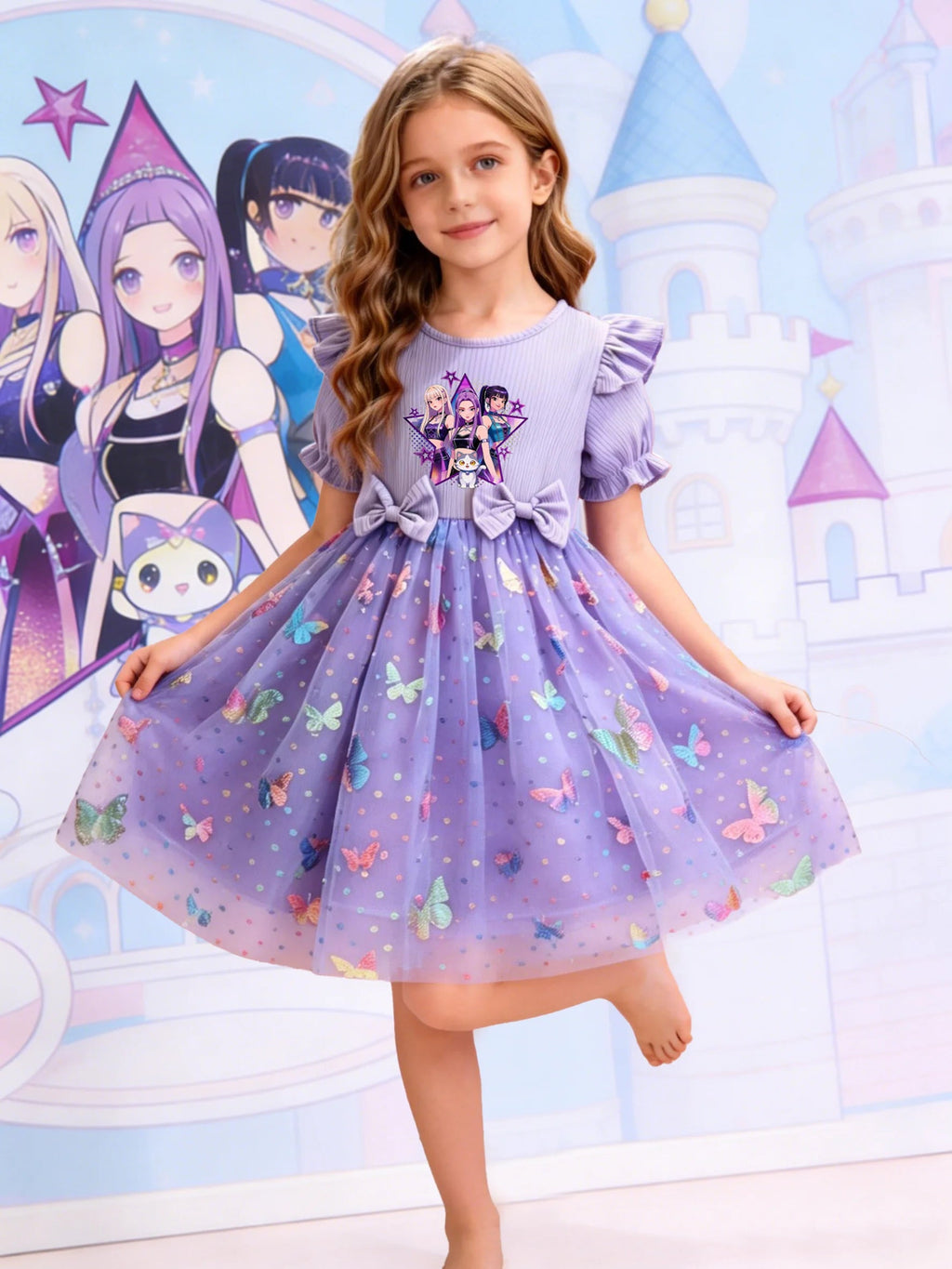 Dreamy Style Kids Princess Dress, Purple, K-POP Cartoon Print + Colorful Dot Butterfly Sequin Elements TechVisio