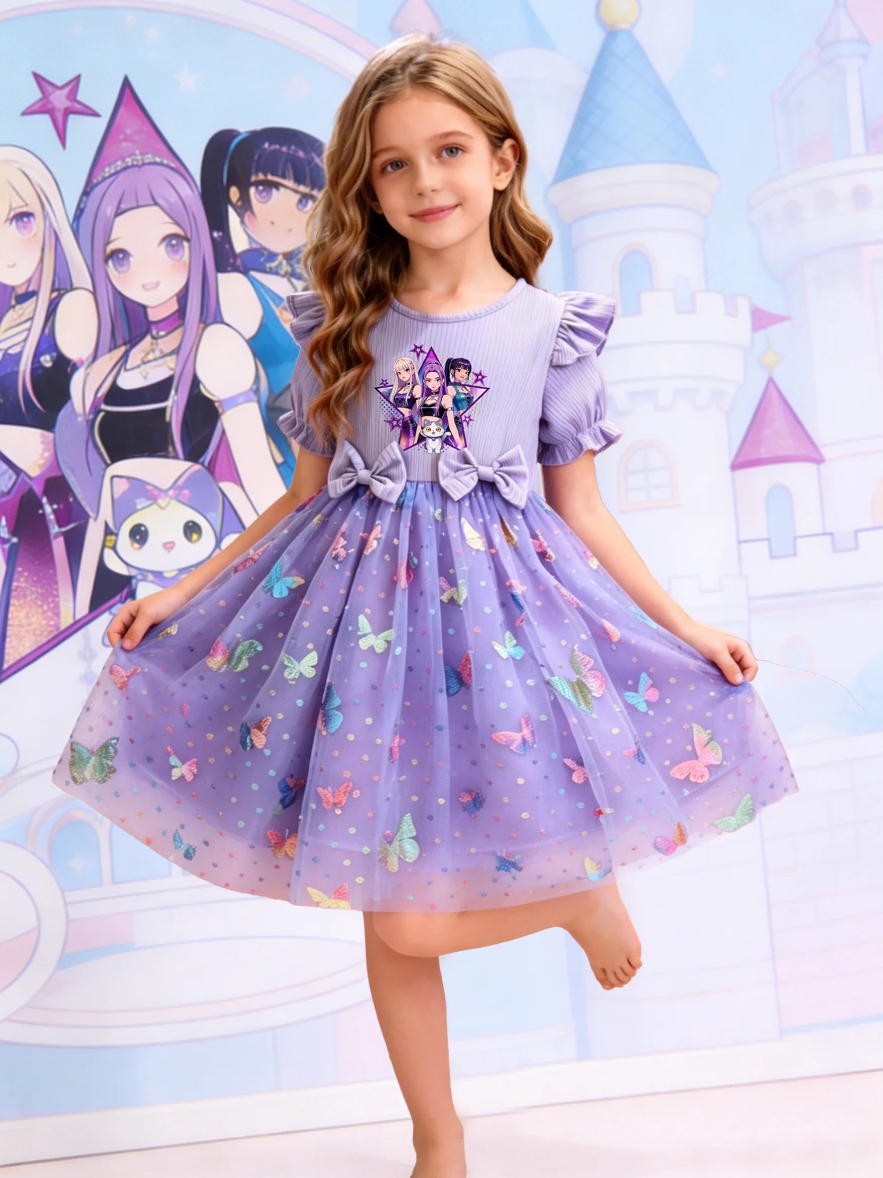Dreamy Style Kids Princess Dress, Purple, K-POP Cartoon Print + Colorful Dot Butterfly Sequin Elements TechVisio