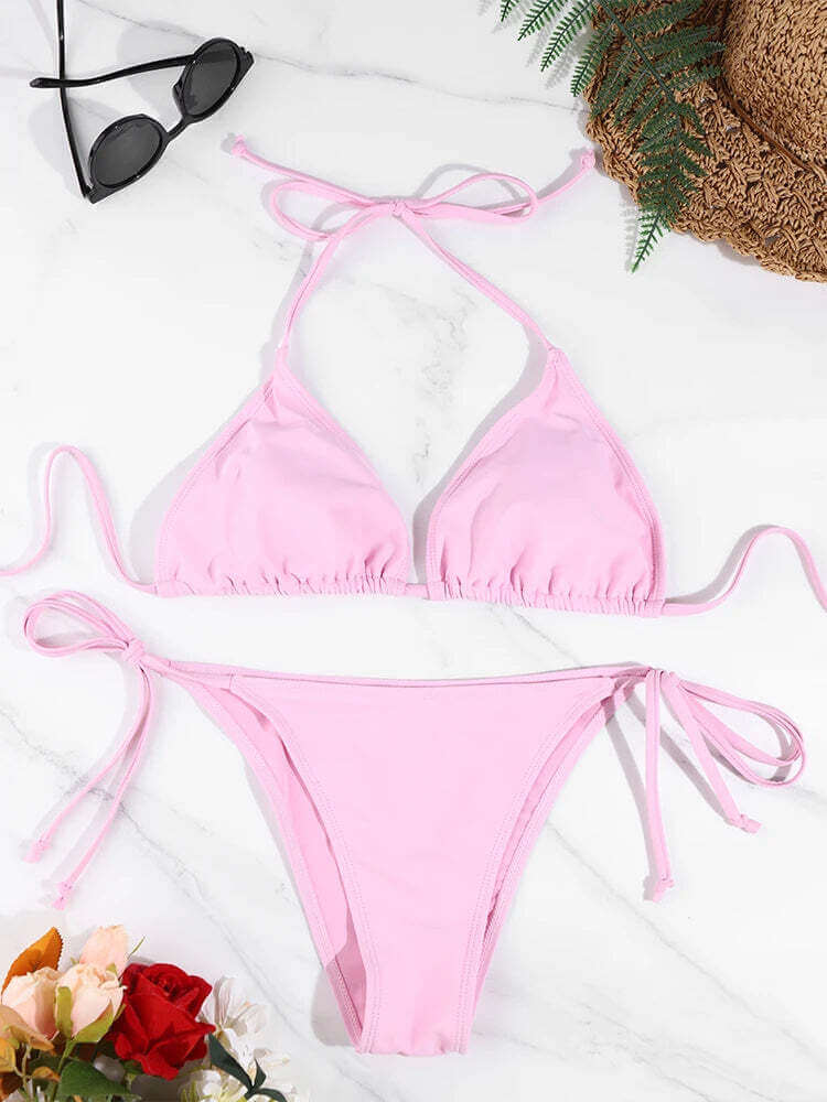 2 Pc Sexy Women Thong Solid Color Bikini Set Side Halter Tie Swimsuit Ladies Split Strap Adjustable Brazilian Swimwear Beachwear TechVisio