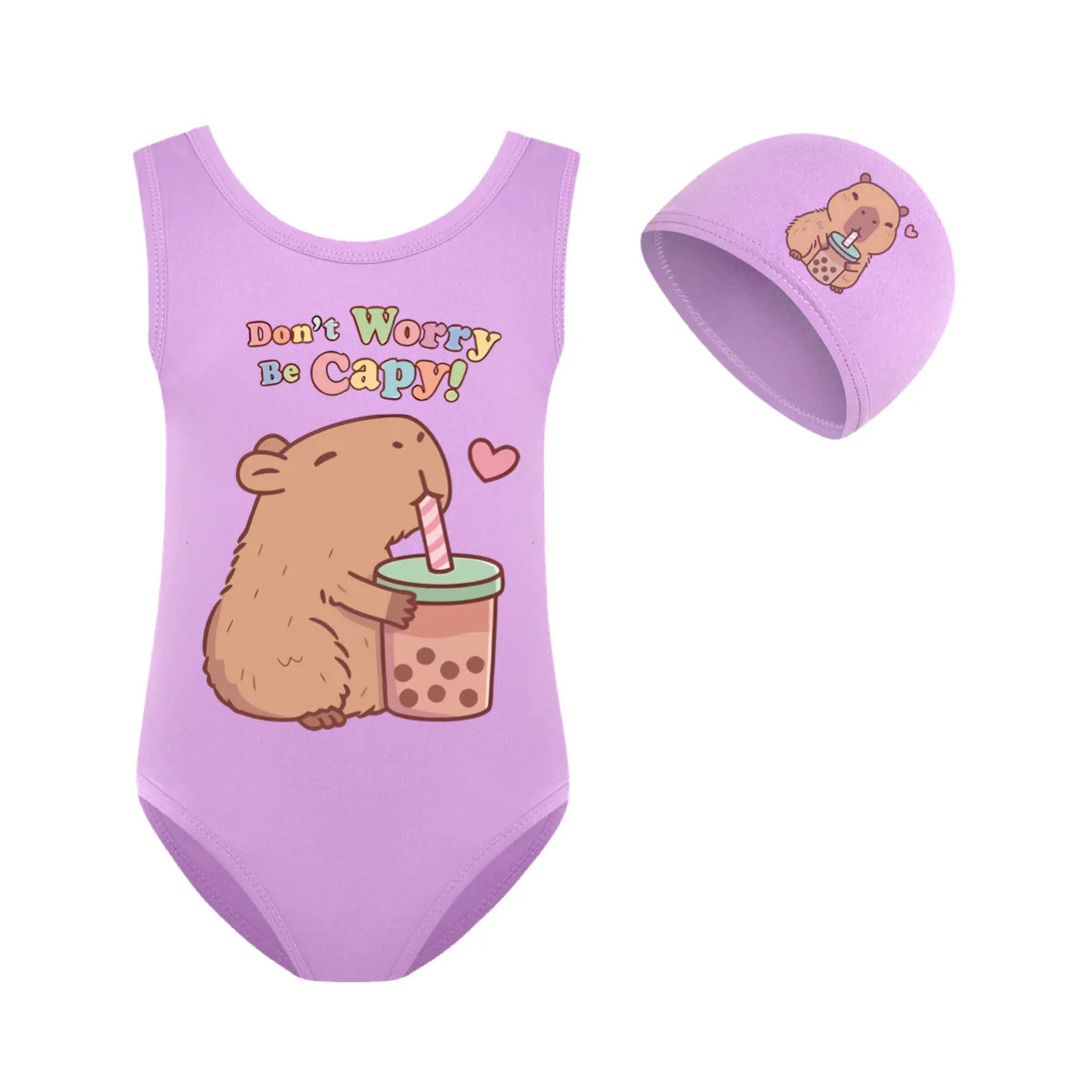 Cute Capybara Loves Bubble Tea Clothes Kids Summer Swimwear Baby Girls Once Piece Swimsuit & Cap Children Vacation Bikini suits TechVisio