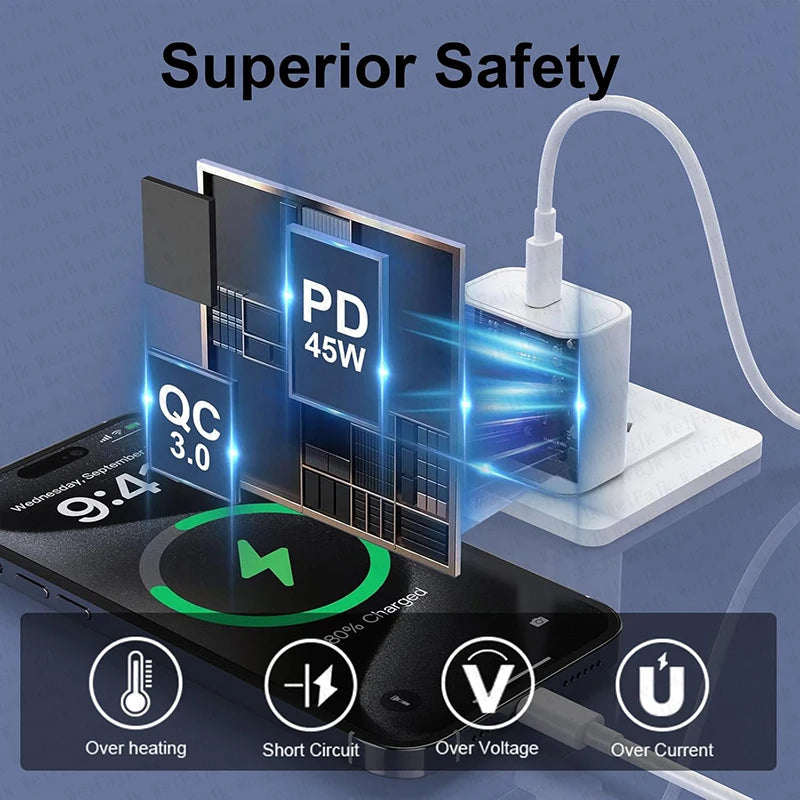 Câble & Chargeur USB-C Rapide 45W – Compatible iPhone 17→11, Samsung, Xiaomi | GaN PD QC