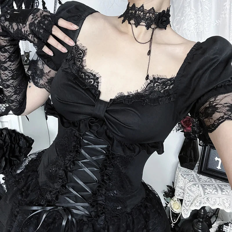 Goth Dark Gothic Lace Trim Puff Sleeve A-line Mini Dress Women Outfits Embellished Square Neck Dresses Bandage Lace Up Halloween TechVisio
