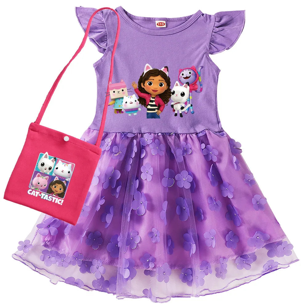 Vestidos Gabbys Dollhouse Costume Kids Cartoon Gabby Chat Dress Baby Girls Summer Short Sleeve Casual Dresses and Bag & Headband TechVisio