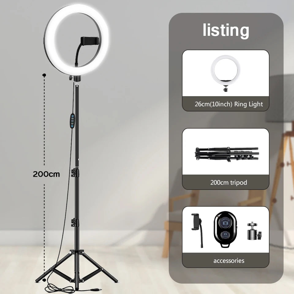 Kit LED Ringlicht TechVisio – 10"/12" | 200cm Stativ | 3 Modi | USB