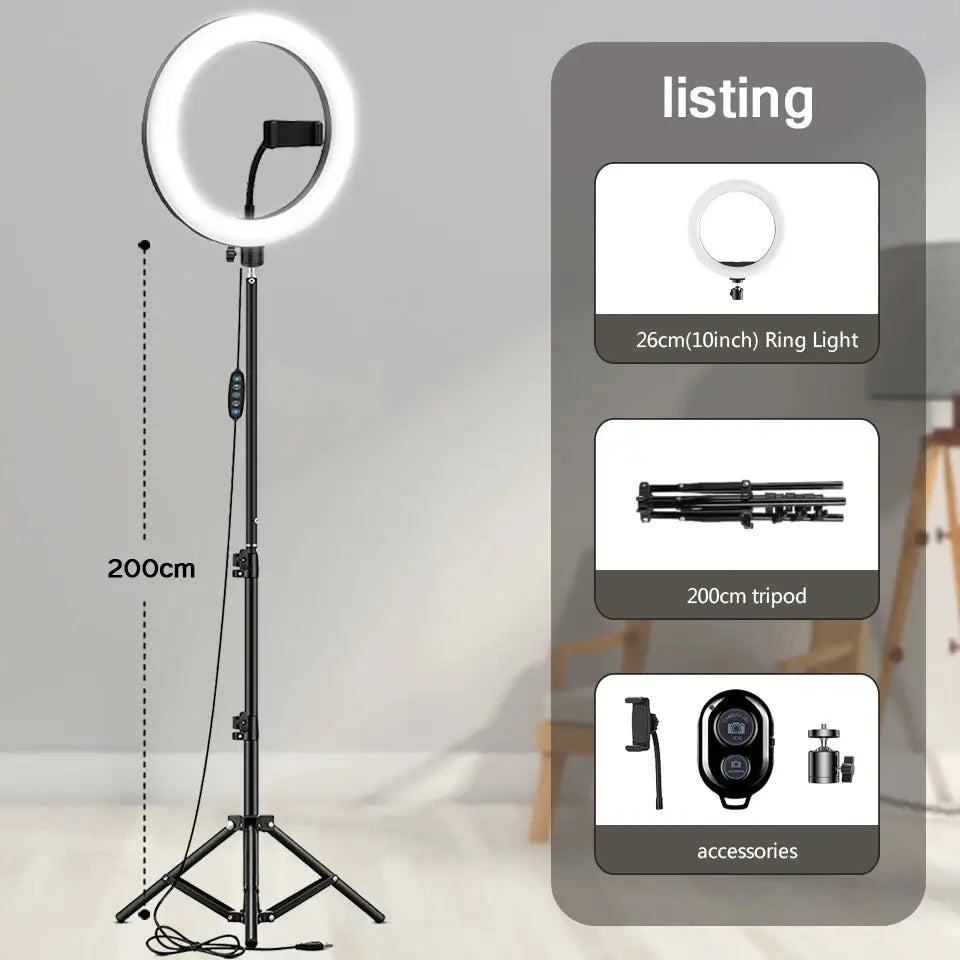 Kit Ring Light LED TechVisio – 10"/12" | Trépied 200cm | 3 Modes | USB TechVisio