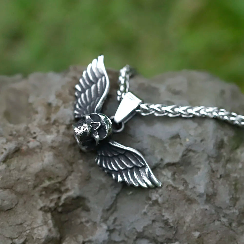 Pendentif Crâne Ailes d’Ange Acier 316L – Punk Rock Homme