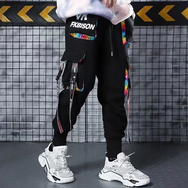 Classic Streetwear Hip Hop Joggers Men Letter Ribbons Cargo Pants Pockets Track Tactical Casual Male Trousers Sweatpant KZ99 TechVisio