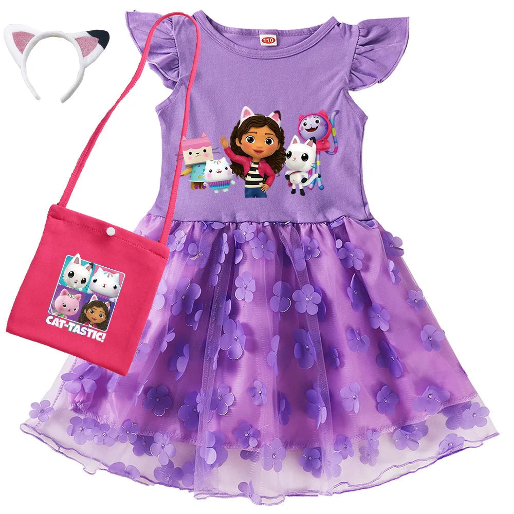 Vestidos Gabbys Dollhouse Costume Kids Cartoon Gabby Chat Dress Baby Girls Summer Short Sleeve Casual Dresses and Bag & Headband TechVisio