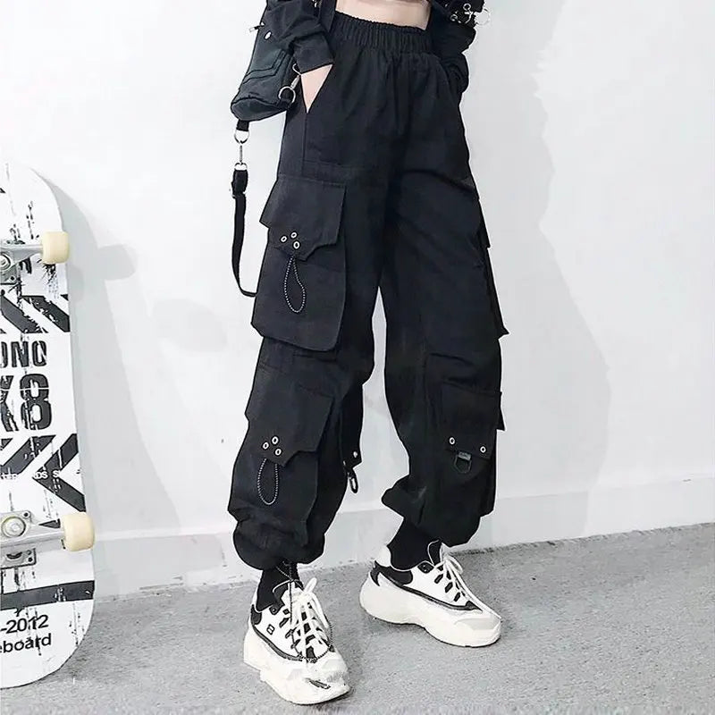 Streetwear Spring Summer Cargo Pants Women Harajuku Slim Punk Ribbons Joggers Elastic Waist Ankle-Length Trousers For Girls TechVisio