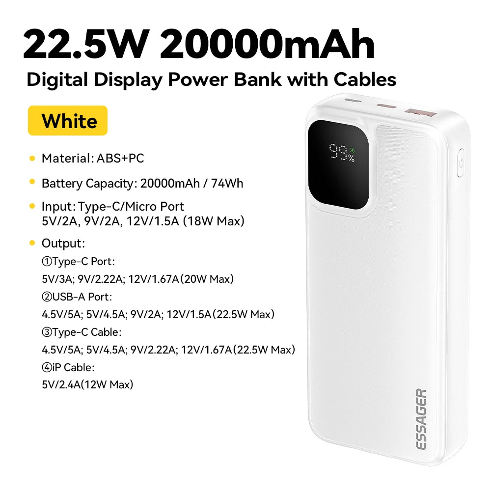 Batterie Externe ESSAGER – 10/20 000mAh | Câbles Intégrés | 22,5W