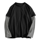 Fake Two Piece Long Sleeve T-shirt Men European And American Round Neck Striped Casual Long Sleeved T-shirt Breathable Men Tee TechVisio