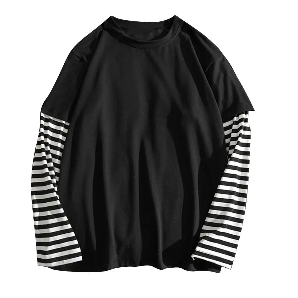 Fake Two Piece Long Sleeve T-shirt Men European And American Round Neck Striped Casual Long Sleeved T-shirt Breathable Men Tee TechVisio