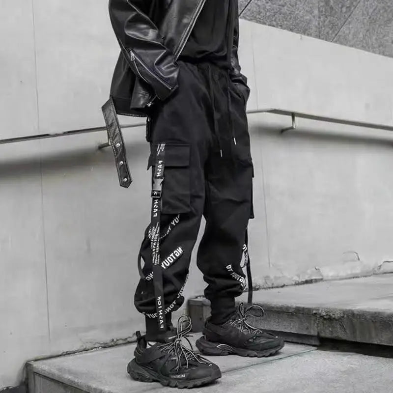 Classic Streetwear Hip Hop Joggers Men Letter Ribbons Cargo Pants Pockets Track Tactical Casual Male Trousers Sweatpant KZ99 TechVisio