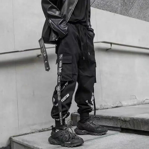 Classic Streetwear Hip Hop Joggers Men Letter Ribbons Cargo Pants Pockets Track Tactical Casual Male Trousers Sweatpant KZ99 TechVisio