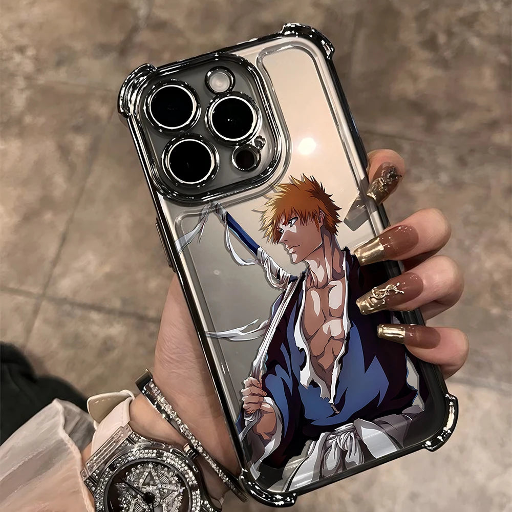 New HotAnime Cool BLEACH Plating Case For iPhone 16 15 14 13 12 11 Pro Max X XR XSMax 7 8 6 Plus Anti-Fall Airabag Back Cover TechVisio