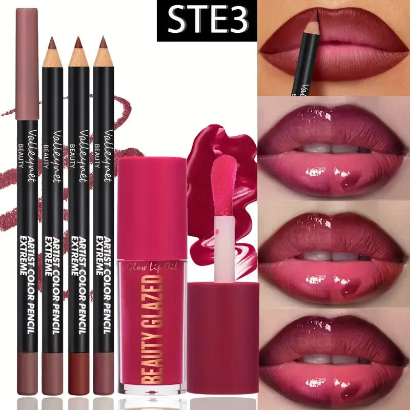 4pcs Lip Kit Set-3pcs Lip Liner+1pc Lip Glaze, Waterproof&Long-Lasting Matte Effect,Versatile for Casual & Formal Occasions, TechVisio