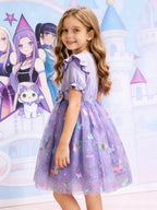 Dreamy Style Kids Princess Dress, Purple, K-POP Cartoon Print + Colorful Dot Butterfly Sequin Elements TechVisio