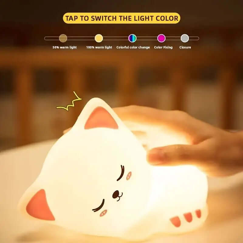 Veilleuse Chat Endormi – Lumière Colorée ou Chaude, Variateur Tactile TechVisio