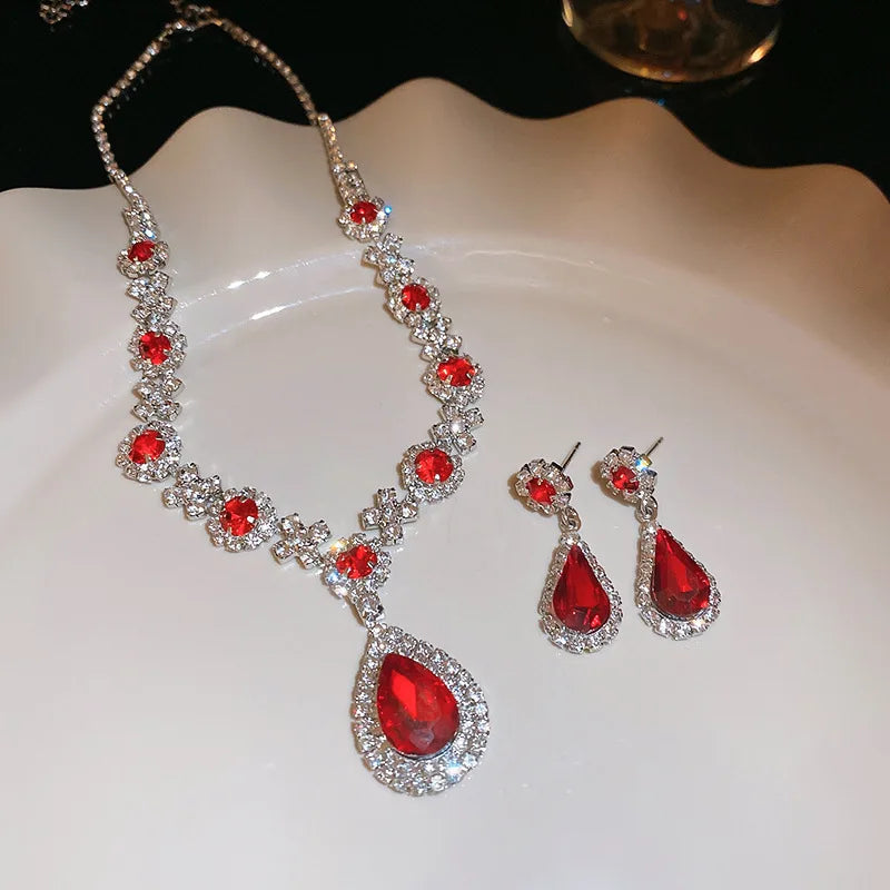 Shiny Crystal Necklace Earrings Women's Fashion Big Water Droplet Rhinestone Necklaces Wedding Evening Dress Jewelry Set TechVisio