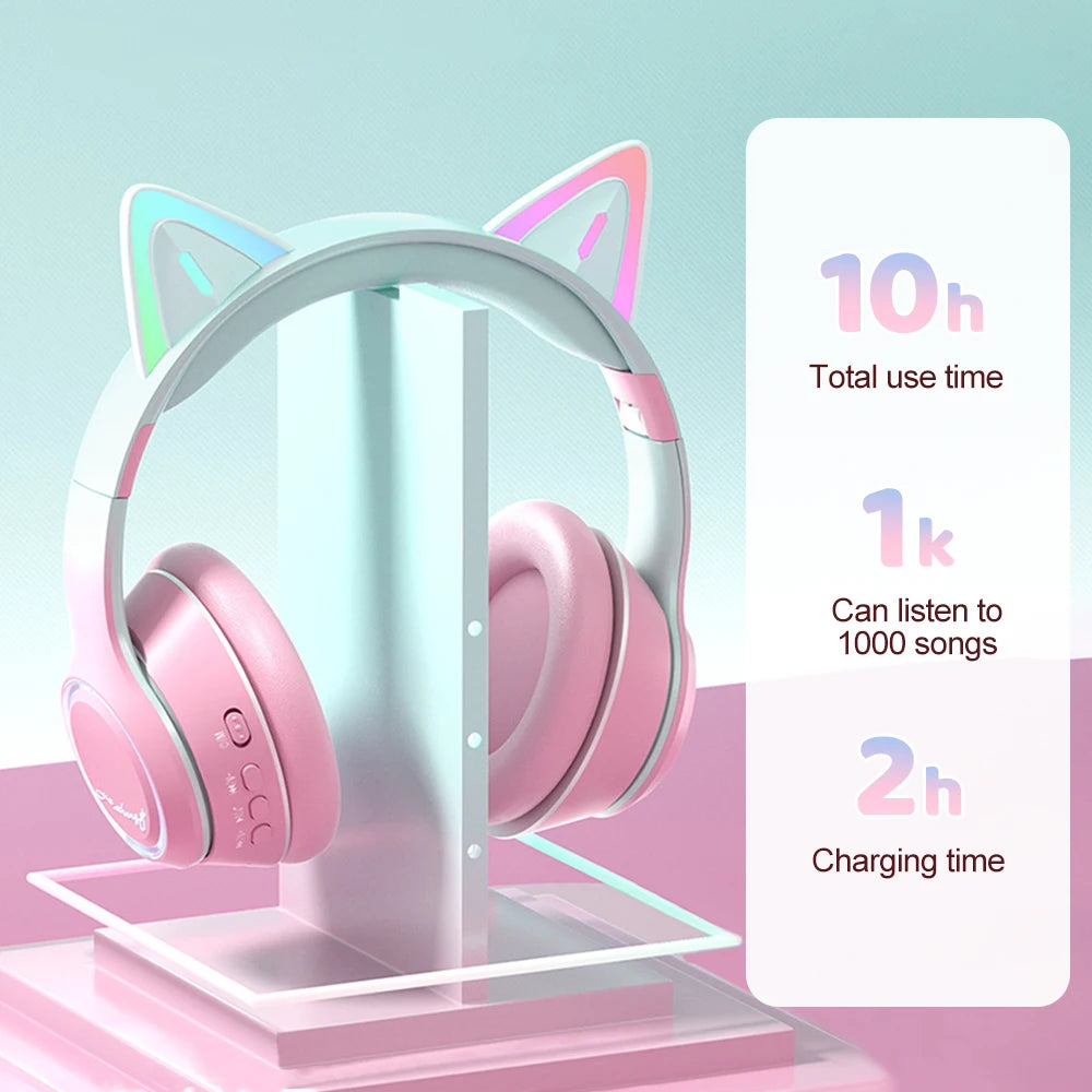 Casque Bluetooth Oreilles de Chat RGB – LED, Micro, Pliable, 4 Coloris