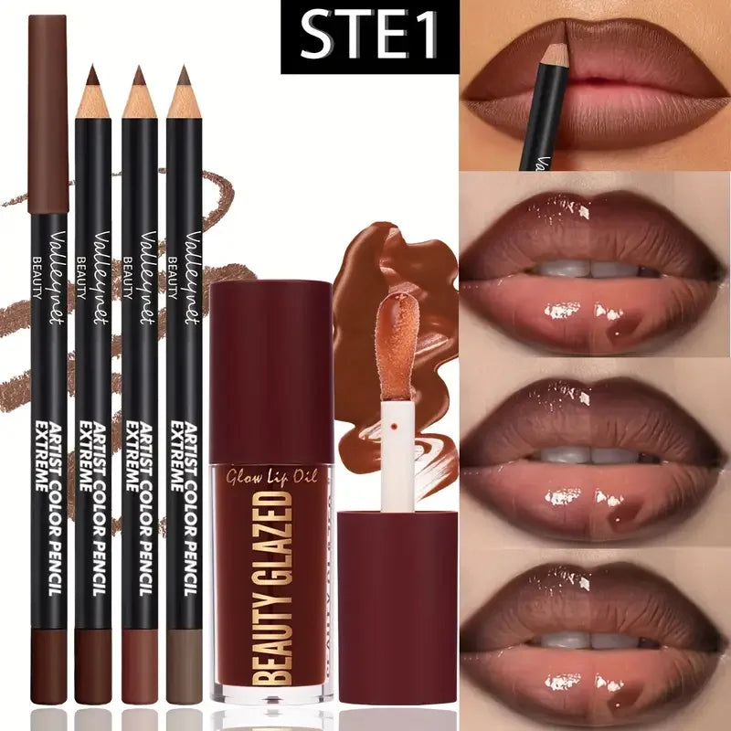 4pcs Lip Kit Set-3pcs Lip Liner+1pc Lip Glaze, Waterproof&Long-Lasting Matte Effect,Versatile for Casual & Formal Occasions, TechVisio