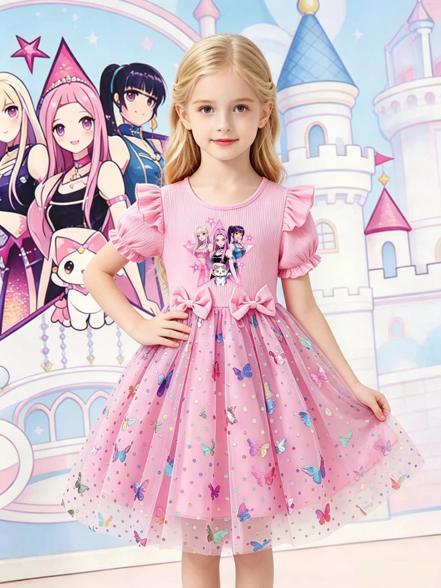 Dreamy Style Kids Princess Dress, Purple, K-POP Cartoon Print + Colorful Dot Butterfly Sequin Elements TechVisio