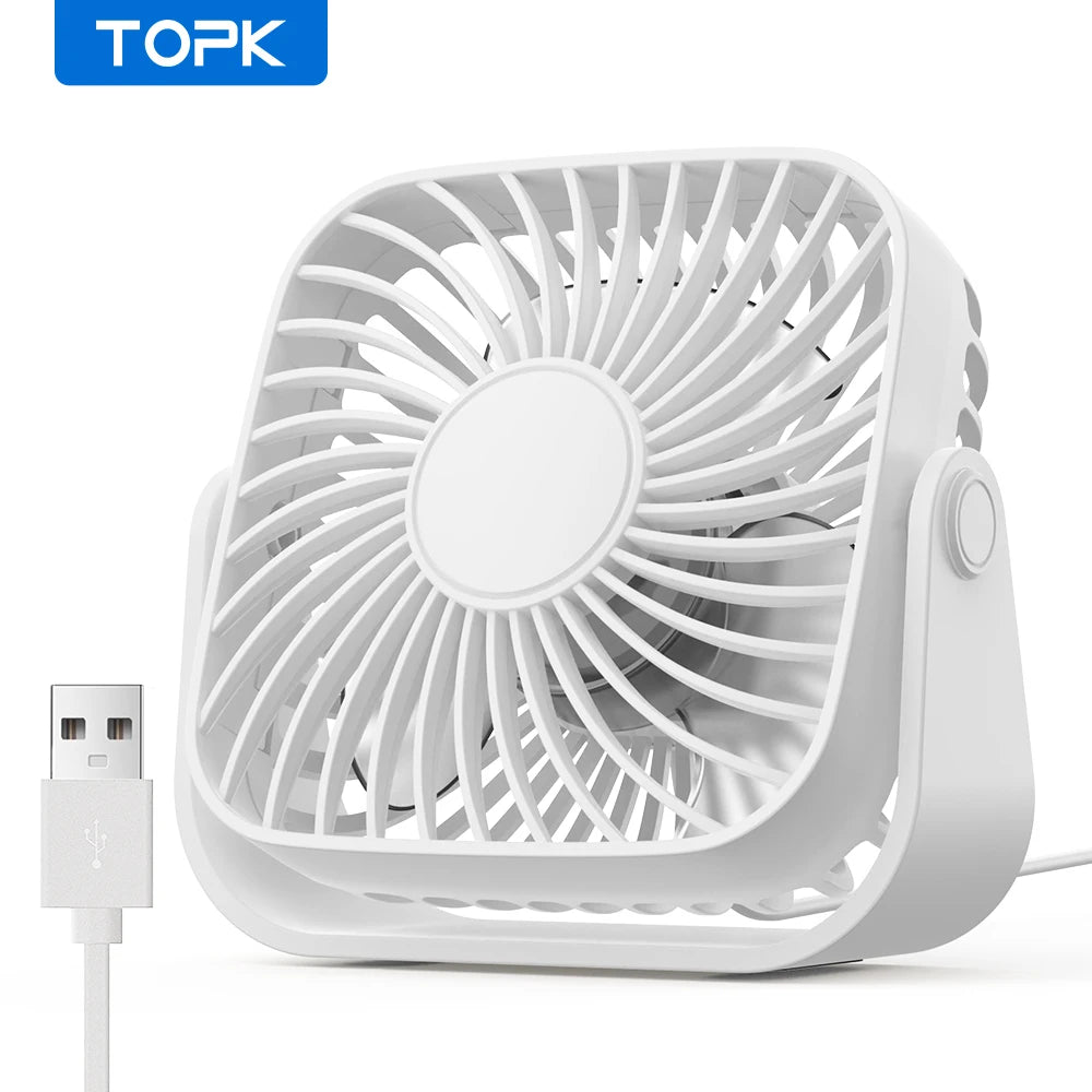 TOPK 4Inch USB Mini Portable Fan for Camping,3 Speeds Quiet Desk Table Personal Fan,360°Adjustment Standing Fans for Room Home TechVisio