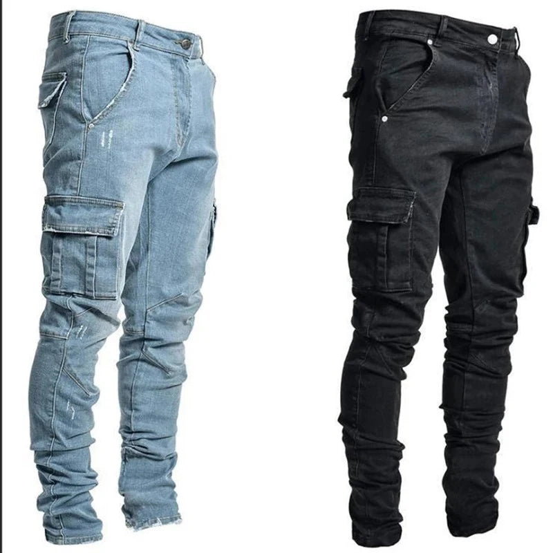 Men Street Elastic Denim Jeans Wash Solid Color Multi Pockets Cargo Pants Casual Slim Fit Daily Wear Joggers Mid Waist Trousers TechVisio