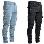 Men Street Elastic Denim Jeans Wash Solid Color Multi Pockets Cargo Pants Casual Slim Fit Daily Wear Joggers Mid Waist Trousers TechVisio