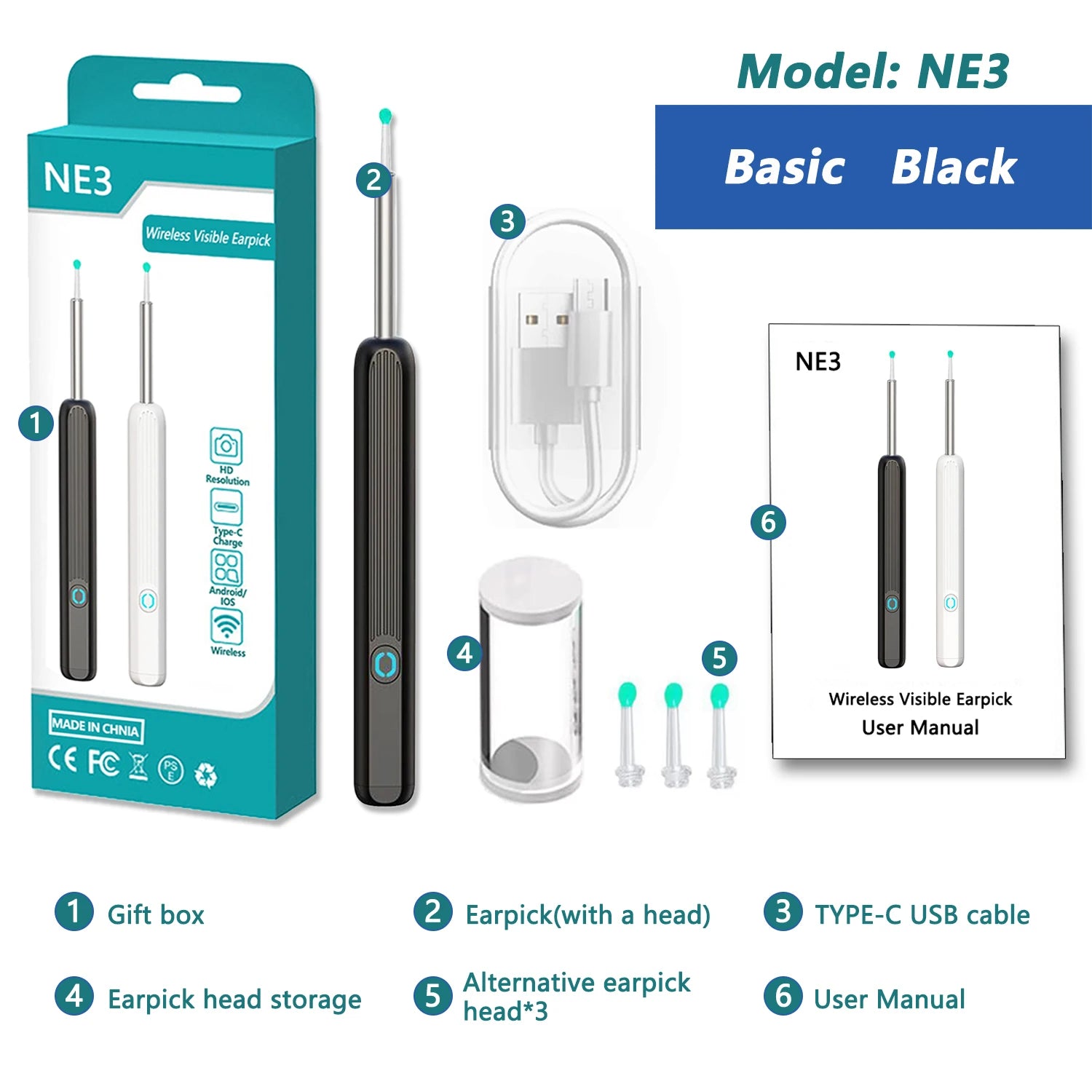 Nettoyeur d'Oreilles Visuel Connecté 1080P – WiFi, IP67, USB-C, Kit Complet