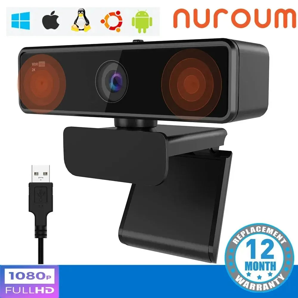 NUROUM V11 Webcam – 1080p 60fps / 2K 1440p, Dual Microphone, USB, PC & Mac