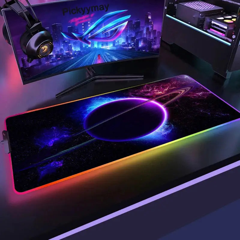 Tapis de Souris Gaming XXL RGB — Éclairage LED, Motif Space Galaxy, Antidérapant — Toutes Tailles TechVisio
