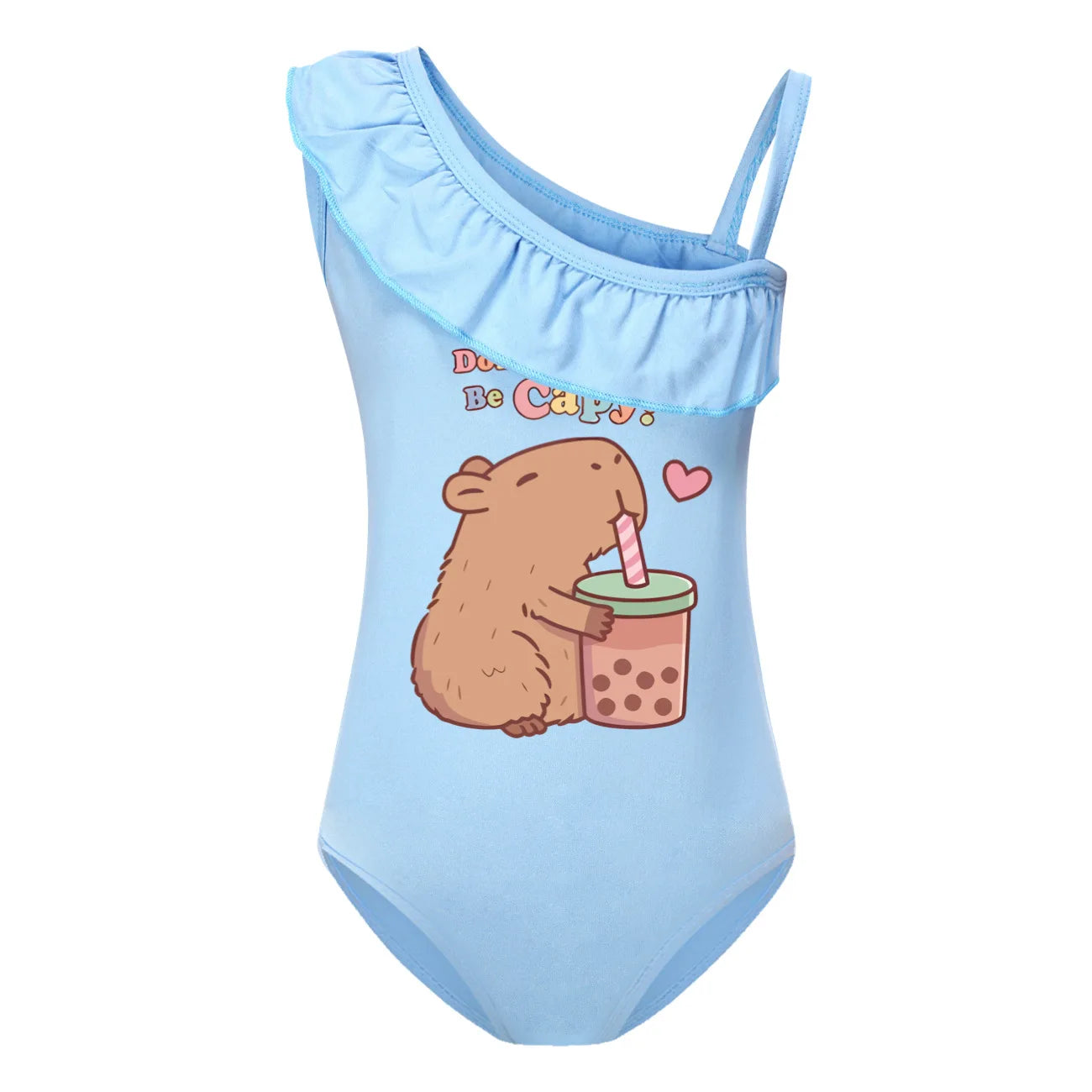 Cute Capybara Loves Bubble Tea Clothes Kids Summer Swimwear Baby Girls Once Piece Swimsuit & Cap Children Vacation Bikini suits TechVisio
