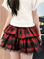 High Street Vintage Lace New Cake Skirts Women Subculture Gothic Y2k High-waist Red Plaid Skirt Female Design Hot Girl Outfits TechVisio