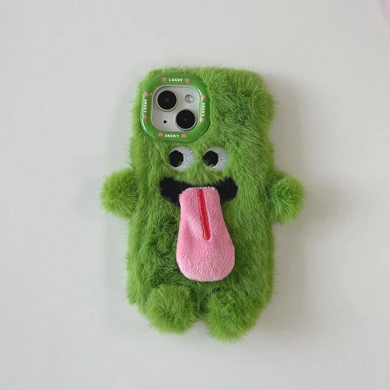 INS Couple Fur Monster Kiss Tongue Case For iPhone 17 16 15 14 13 12 Pro Max Korea Cute Cartoon Gift Anti-Drop Soft Back Cover TechVisio