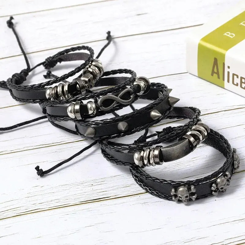 Set 5 Bracelets Punk Cuir Tressés – Style Vintage Unisexe
