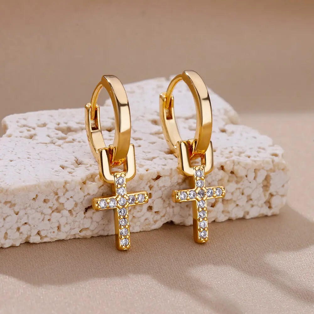 Zircon Cross Drop Earring for Women 2023 Gold Color Stainless Steel Earrings Luxury Ear Buckle Jewelry Wedding Gifts pendientes TechVisio