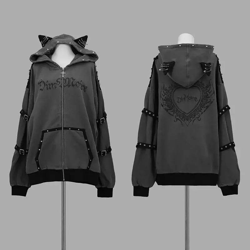 Y2K Women's Zip-Up Hooded Sweatshirt Streetwear Punk Rivet Design Casual Fashion Jacket TechVisio
