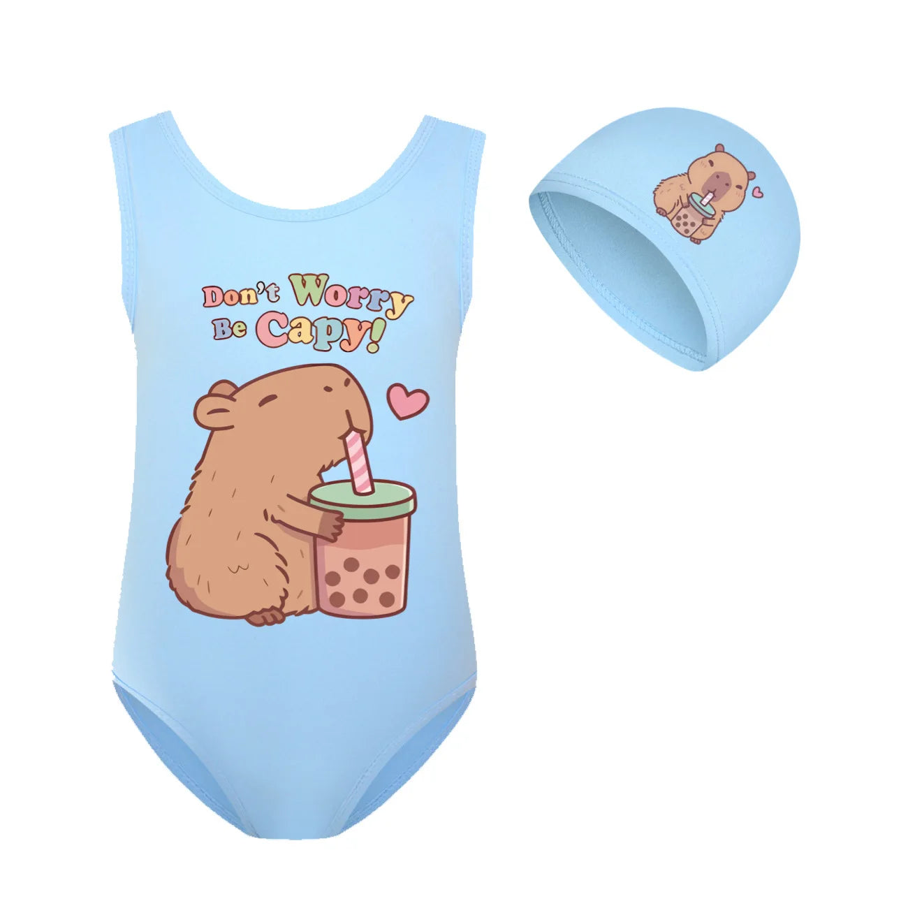 Cute Capybara Loves Bubble Tea Clothes Kids Summer Swimwear Baby Girls Once Piece Swimsuit & Cap Children Vacation Bikini suits TechVisio