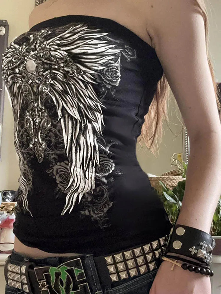Gothic Print Black Strapless Tube Top Women Skinny Cropped Summer Casual Chic Graphic Tee Y2K Streetwear Basic Vest TechVisio