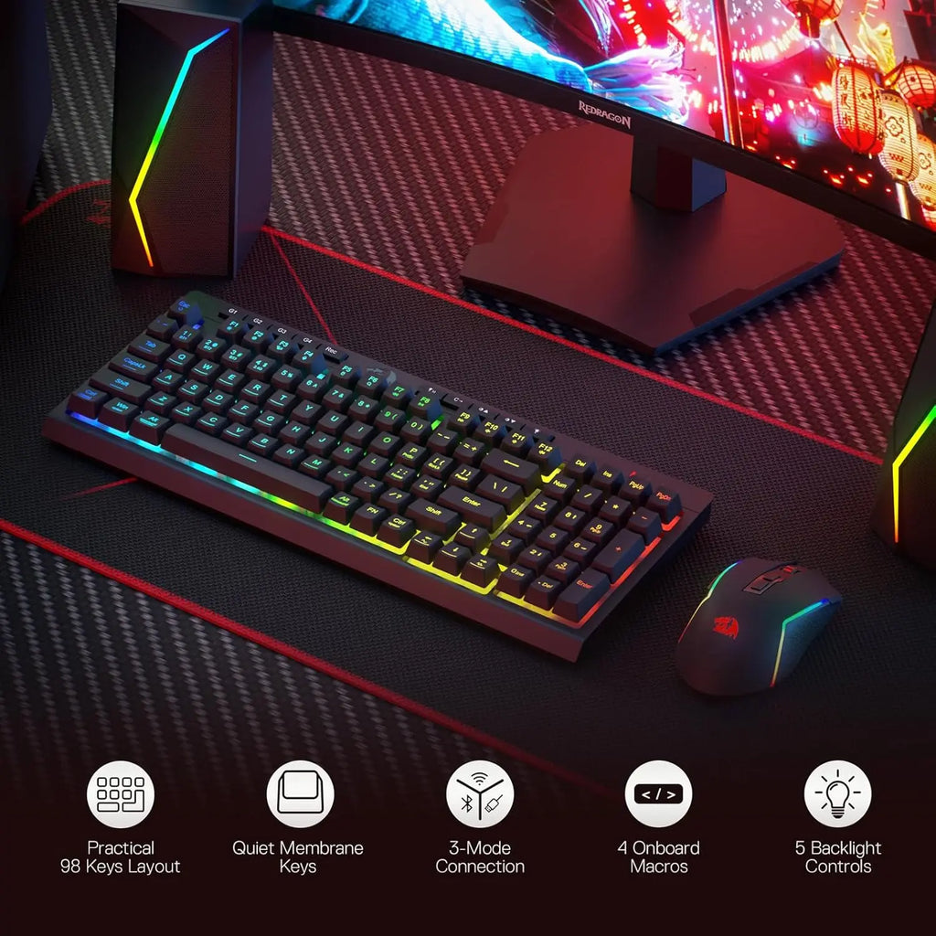 Redragon S142 Gaming Keyboard and Mouse Combo – Wireless, RGB, 98 Keys, 5 DPI, Win & Mac