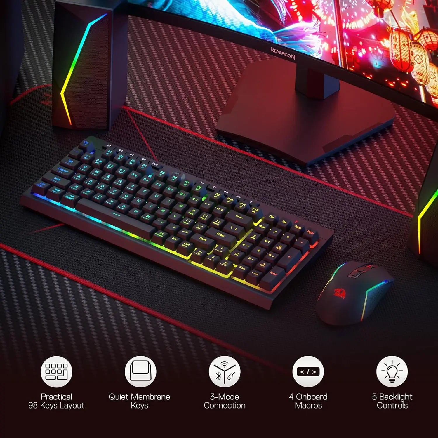 Redragon S142 Gaming Tastatur-Maus-Kombination – Kabellos, RGB, 98 Tasten, 5 DPI, Win & Mac