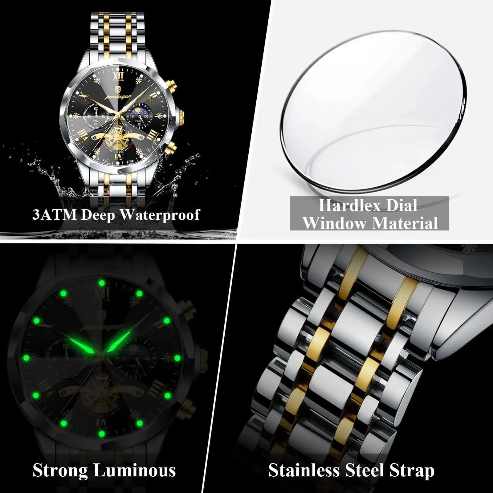 Montre Chronographe Homme – Acier Lumineux Étanche Sport POEDAGAR