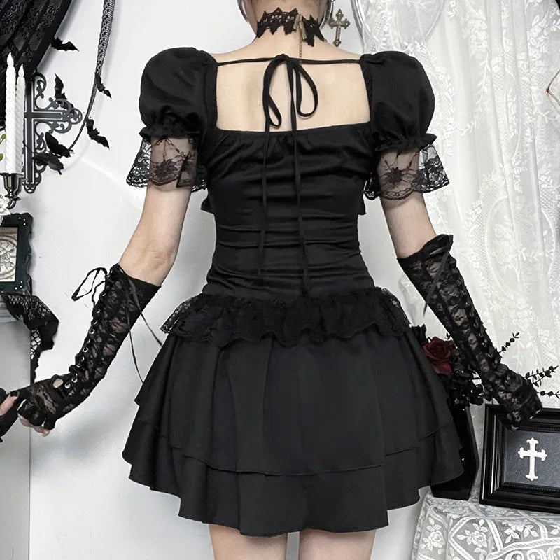 Goth Dark Gothic Lace Trim Puff Sleeve A-line Mini Dress Women Outfits Embellished Square Neck Dresses Bandage Lace Up Halloween TechVisio