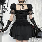 Goth Dark Gothic Lace Trim Puff Sleeve A-line Mini Dress Women Outfits Embellished Square Neck Dresses Bandage Lace Up Halloween TechVisio