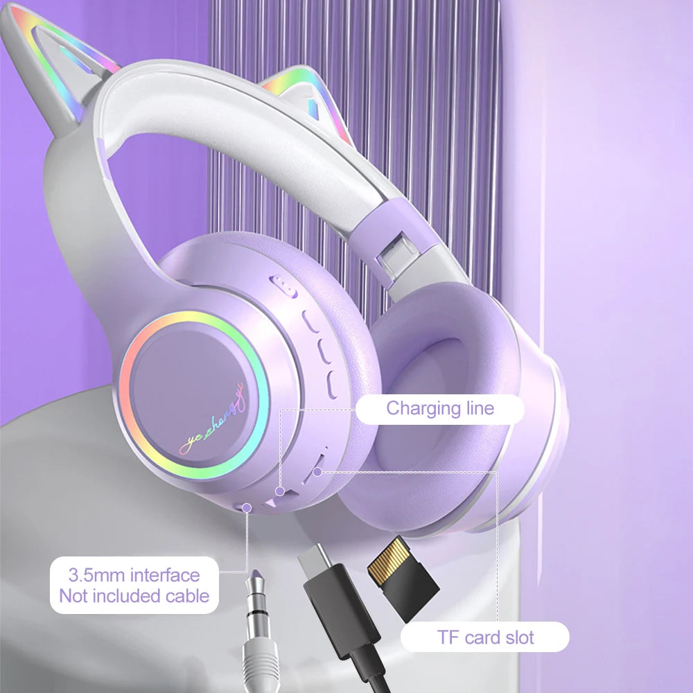 Casque Bluetooth Oreilles de Chat RGB – LED, Micro, Pliable, 4 Coloris