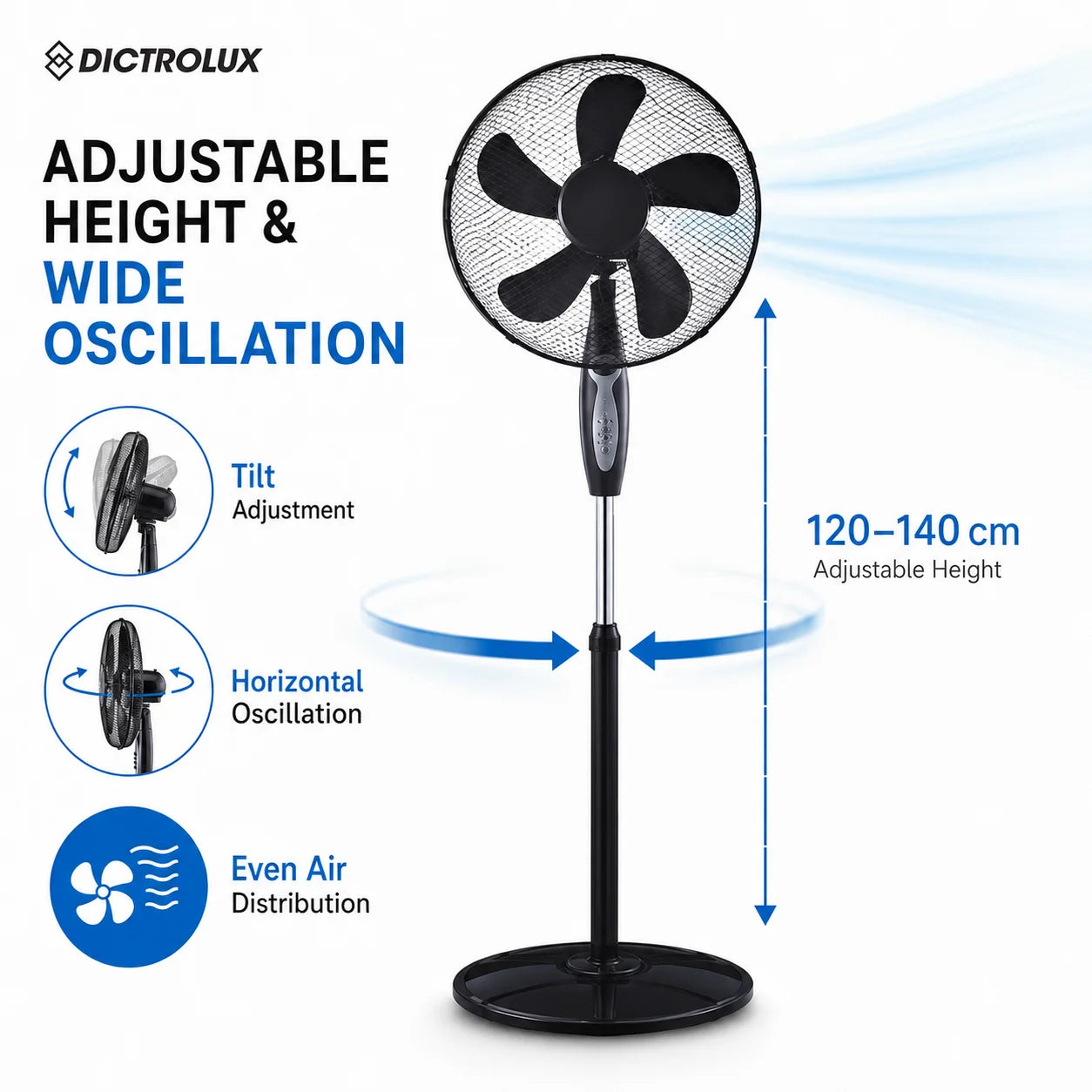 45W Standing Fan with Remote Control 43cm 5 Blades Floor Fan 3 Speeds 3 Modes Timer Oscillation Adjustable Height TechVisio